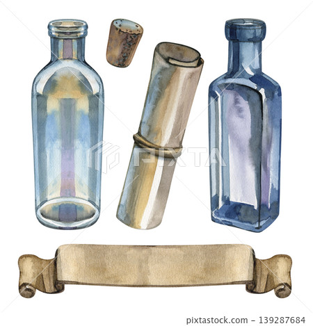 Vintage watercolor set featuring antique glass bottles, a cork, an old paper scroll, and a banner. Hand drawn nautical and alchemical elements perfect for retro designs, invitations, and scrapbooking. Vintage watercolor set featuring antique glass bottles, a cork, an old paper scroll, and a banner. Hand drawn nautical and alchemical elements perfect for retro designs, invitations, and scrapbooking. 139287684