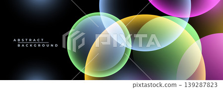 Colorful translucent circles overlap against dark space, geometric gradient abstract background, neon glow and iridescent shimmer create futuristic dreamy atmosphere with smooth bokeh, soft depth 139287823