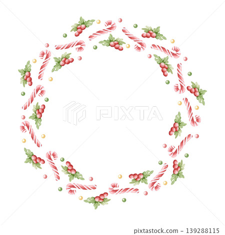 Hand drawn Christmas wreath with candy canes and red berries plant. Watercolor round frame template with holly leaves and copy space for winter holidays stickers. Simple botanical designs for plates Hand drawn Christmas wreath with candy canes and red berries plant. Watercolor round frame template with holly leaves and copy space for winter holidays stickers. Simple botanical designs for plates 139288115