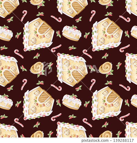 Christmas gingerbread house cookie with candy canes and Yule log roulade cakes watercolor seamless pattern on dark brown. Winter holiday desserts background pastel colors for New Year Christmas gingerbread house cookie with candy canes and Yule log roulade cakes watercolor seamless pattern on dark brown. Winter holiday desserts background pastel colors for New Year 139288117