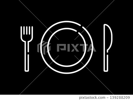 Minimalist meal icons: line art illustrations of fork, knife, and plate on a black background (menu item). Minimalist meal icons: line art illustrations of fork, knife, and plate on a black background (menu item). 139288209