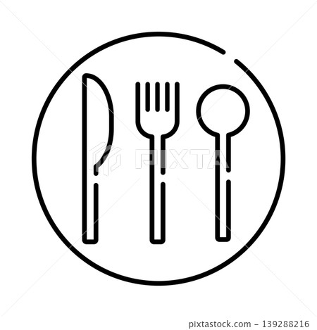 Minimalist meal icon: Line art illustrations of fork, knife, spoon, and plate; menu material. Minimalist meal icon: Line art illustrations of fork, knife, spoon, and plate; menu material. 139288216