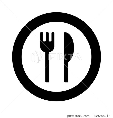 Simple meal icon: fork, knife, and plate illustration on a white background. Menu material. Simple meal icon: fork, knife, and plate illustration on a white background. Menu material. 139288218