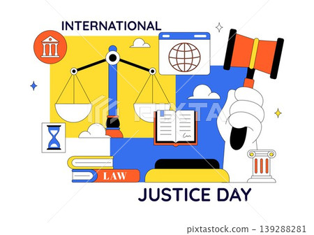 International Justice Day Vector Illustration Featuring Legal System Balance Scale Court Gavel Peace Equality and Global Justice Design 139288281