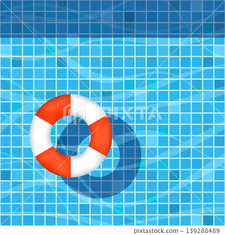 pool with blue water and vibrant red and white  inflatable ring 139288489
