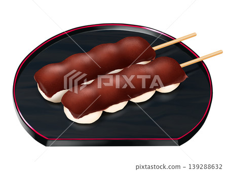 Two skewers of smooth red bean paste dumplings arranged on a plate - Japanese sweets Two skewers of smooth red bean paste dumplings arranged on a plate - Japanese sweets 139288632
