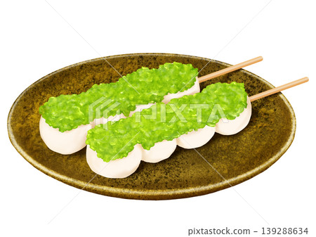 Two skewers of dango (rice dumplings) filled with zunda bean paste, arranged on a plate. (Japanese sweets) Two skewers of dango (rice dumplings) filled with zunda bean paste, arranged on a plate. (Japanese sweets) 139288634