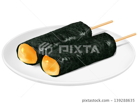 盤子裡擺放著兩個磯部團子（用海苔包裹的米飯糰子）、磯部烤飯（用海苔包裹的烤米飯）、日式點心和海苔。 139288635