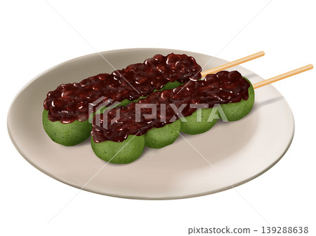 盤子裡有兩個草團子(紅豆餡糯米糰子);日式甜點;艾草 盤子裡有兩個草團子(紅豆餡糯米糰子);日式甜點;艾草 139288638