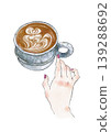 A latte and an illustration of a hand holding a coffee. 139288692
