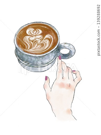 A latte and an illustration of a hand holding a coffee. 139288692