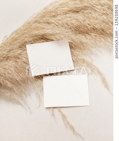 Blank sided cards set mockup on beige stone with pampas grass top view, boho wedding stationery Blank sided cards set mockup on beige stone with pampas grass top view, boho wedding stationery 139288698