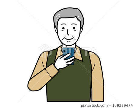 Facing forward. An elderly man in a shirt and vest looking at his smartphone. Part 2 Facing forward. An elderly man in a shirt and vest looking at his smartphone. Part 2 139289474