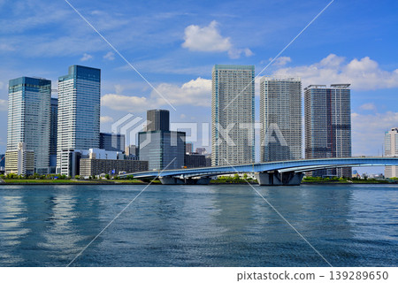 View of the Harumi area from Toyosu Gururi Park: a cluster of high-rise apartment buildings. 139289650
