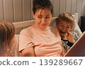 Family bedtime stories. A mother reads a story to her children, wrapped in a blanket. Children listen to soothing stories. A cozy family scene before bed in a softly lit bedroom. Copy space. Banner 139289667