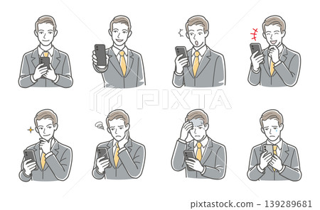 A set of variations on businessmen's facial expressions and poses (showing smartphone, showing screen, surprise, despair, sadness) A set of variations on businessmen's facial expressions and poses (showing smartphone, showing screen, surprise, despair, sadness) 139289681
