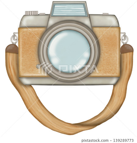 Cute vintage camera illustration with decorative strap,brown colors hand drawn cartoon camera style. 139289773