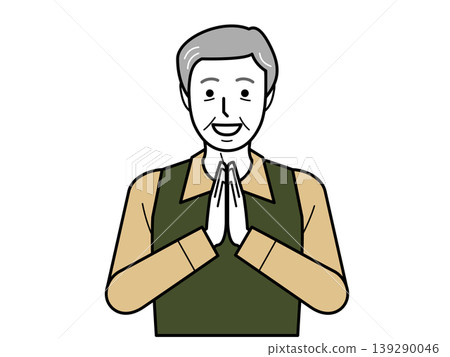 Facing forward. An elderly man in a shirt and vest, with his hands clasped together, saying "Itadakimasu" (thank you for the meal). Part 2 Facing forward. An elderly man in a shirt and vest, with his hands clasped together, saying "Itadakimasu" (thank you for the meal). Part 2 139290046