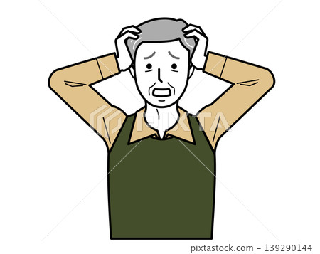 Facing forward. An elderly man in a shirt and vest, holding his head in his hands. Part 2 Facing forward. An elderly man in a shirt and vest, holding his head in his hands. Part 2 139290144