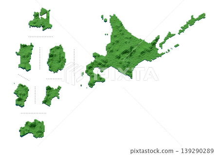 一組具有蜂巢結構的北海道和東北地區的三維地圖。 一組具有蜂巢結構的北海道和東北地區的三維地圖。 139290289