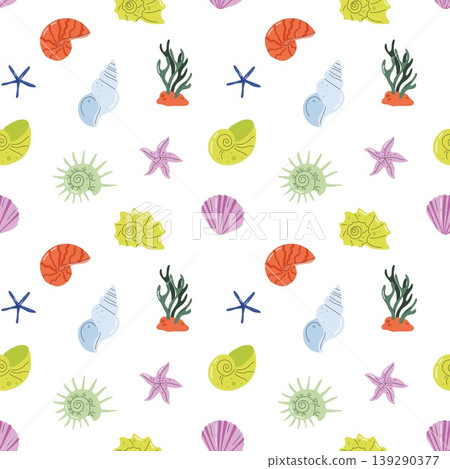 Seamless pattern with colorful flat vector sea shells and starfish on white background Seamless pattern with colorful flat vector sea shells and starfish on white background 139290377
