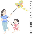 A mother and daughter joyfully running together while flying a colorful butterfly kite.  139290661