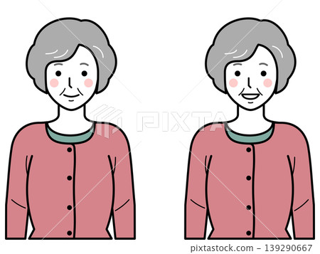 面向前方。身穿開襟羊毛衫、雙臂自然下垂的老婦人。第二部分 面向前方。身穿開襟羊毛衫、雙臂自然下垂的老婦人。第二部分 139290667