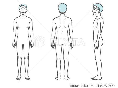 Full-body illustration of a slender senior man (set of 3 angles: front, back, and side) 139290678