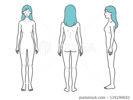 Full-body illustration of a slender adult woman (set of 3 angles: front, back, and side) Full-body illustration of a slender adult woman (set of 3 angles: front, back, and side) 139290682