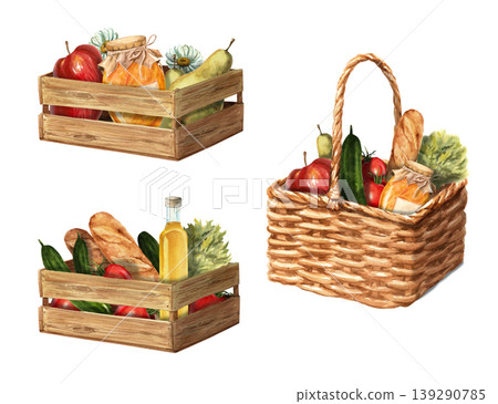 Farm produce in a basket and crate. A set of isolated illustrations for market, store, and farm design. 139290785