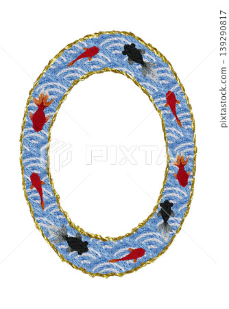 [Japanese-style Seigaiha wave and goldfish round frame] Hand embroidered illustration material 139290817