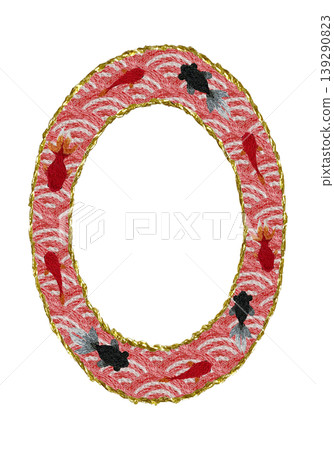[Japanese-style Seigaiha wave and goldfish round frame] Hand embroidered illustration material 139290823