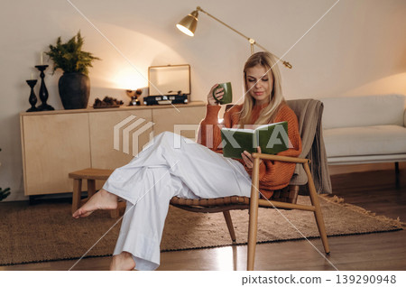 Cozy place, relaxing. A woman is sitting on the chair in the room and reading the book Cozy place, relaxing. A woman is sitting on the chair in the room and reading the book 139290948