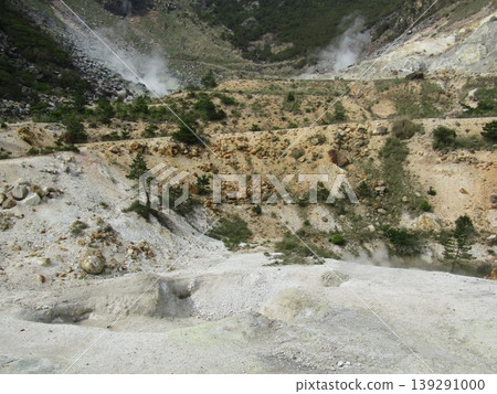A volcanic crater (hell) where plumes of steam rise from Tsukahara Onsen "Kaguchi no Izumi" in Yufuin-cho, Yufu City, Oita Prefecture. 139291000