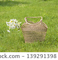Summer leisure activity concept; wicker bag and bouquet of white daisy flowers on a green lawn in a blooming garden by sunny day 139291398