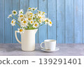 Happy birthday or mother's day greeting card template; bouquet of white daisy flowers in white jug and white cup of tea or cofffee on a table nearr blue paint wooden background; copy space 139291401