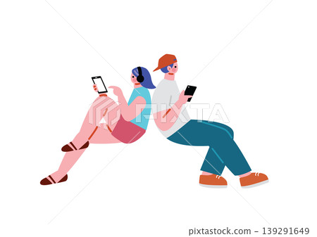 一幅男女使用智慧型手機的插圖 一幅男女使用智慧型手機的插圖 139291649