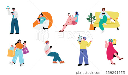 一組描繪人們使用智慧型手機的插圖。 一組描繪人們使用智慧型手機的插圖。 139291655