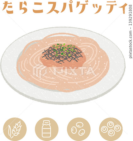 學校午餐鱈魚子義大利麵及過敏原標籤圖示示意圖。 學校午餐鱈魚子義大利麵及過敏原標籤圖示示意圖。 139291808