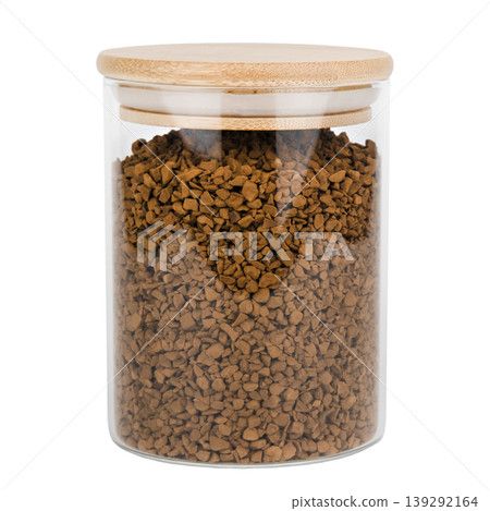 Coffee in a glass jar with a wooden lid isolated on white background 139292164