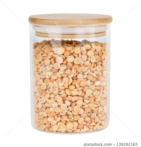 Peas in a glass jar with a wooden lid isolated on white background Peas in a glass jar with a wooden lid isolated on white background 139292165