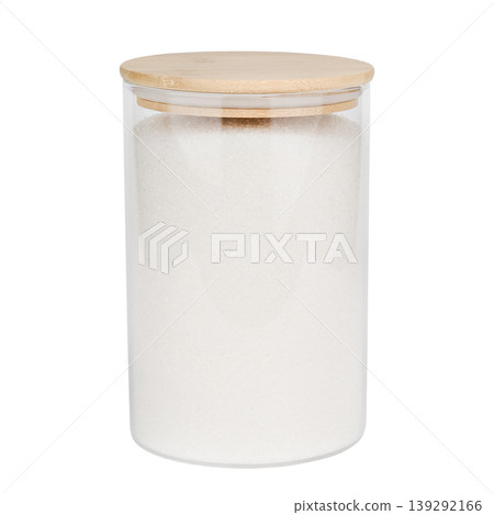 Sugar in a glass jar with a wooden lid isolated on white background Sugar in a glass jar with a wooden lid isolated on white background 139292166