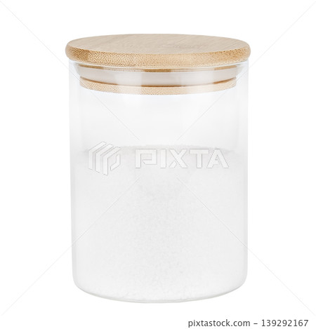 Salt in a glass jar with a wooden lid isolated on white background Salt in a glass jar with a wooden lid isolated on white background 139292167