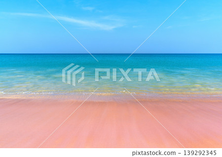 Beautiful beach with pink clean sand and ocean waves. Beautiful beach with pink clean sand and ocean waves. 139292345