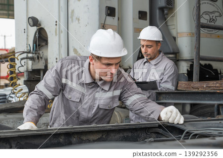 Caucasian and Middle Eastern mid-adult male mechanics repairing truck engine with laptop in Asian yard Caucasian and Middle Eastern mid-adult male mechanics repairing truck engine with laptop in Asian yard 139292356