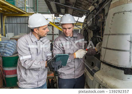 Caucasian and Middle Eastern mid-adult male mechanics examining a truck engine in an industrial maintenance garage in Thailand, Asia, for ensuring heavy transport vehicle reliability Caucasian and Middle Eastern mid-adult male mechanics examining a truck engine in an industrial maintenance garage in Thailand, Asia, for ensuring heavy transport vehicle reliability 139292357