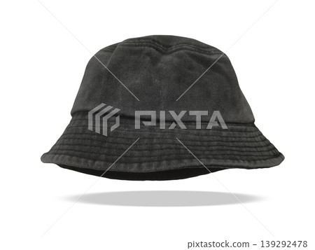 A black bucket hat is floating on a white background. A black bucket hat is floating on a white background. 139292478