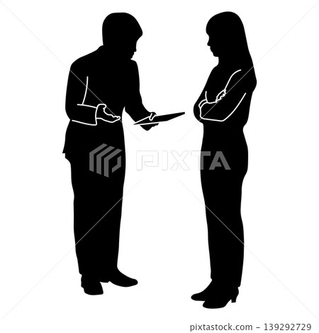 在商務場合中,一名男子正在向一名女子解釋或為自己辯護,畫面中呈現出一個剪影。 在商務場合中,一名男子正在向一名女子解釋或為自己辯護,畫面中呈現出一個剪影。 139292729
