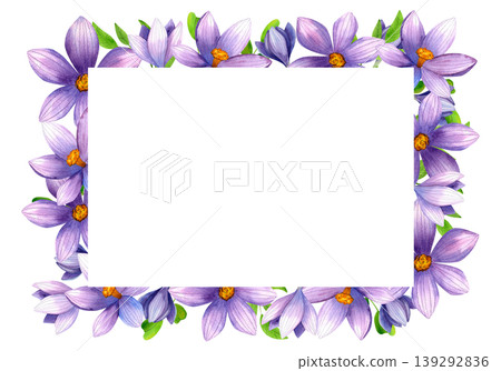 Purple crocuses, watercolor horizontal frame. Hand drawn arrangement of fresh blue wildflowers with green leaves. Bright, lush plants for packaging, cosmetics, perfume, and postcards. 139292836