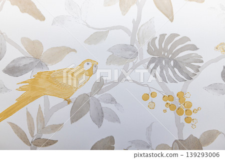 Vintage tropical tapestry with golden parrot and monstera leaves Vintage tropical tapestry with golden parrot and monstera leaves 139293006